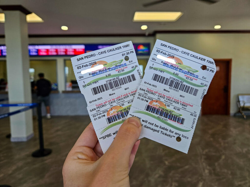 Ferry tickets from San Pedro to Caye Caulker in Belize.