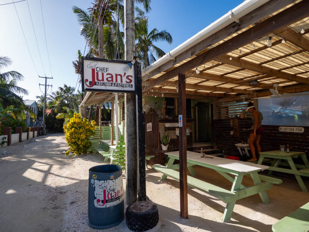 The front entrance to Chef Juan's Kitchen and Pastries, an excellent place to eat in Caye Caulker.