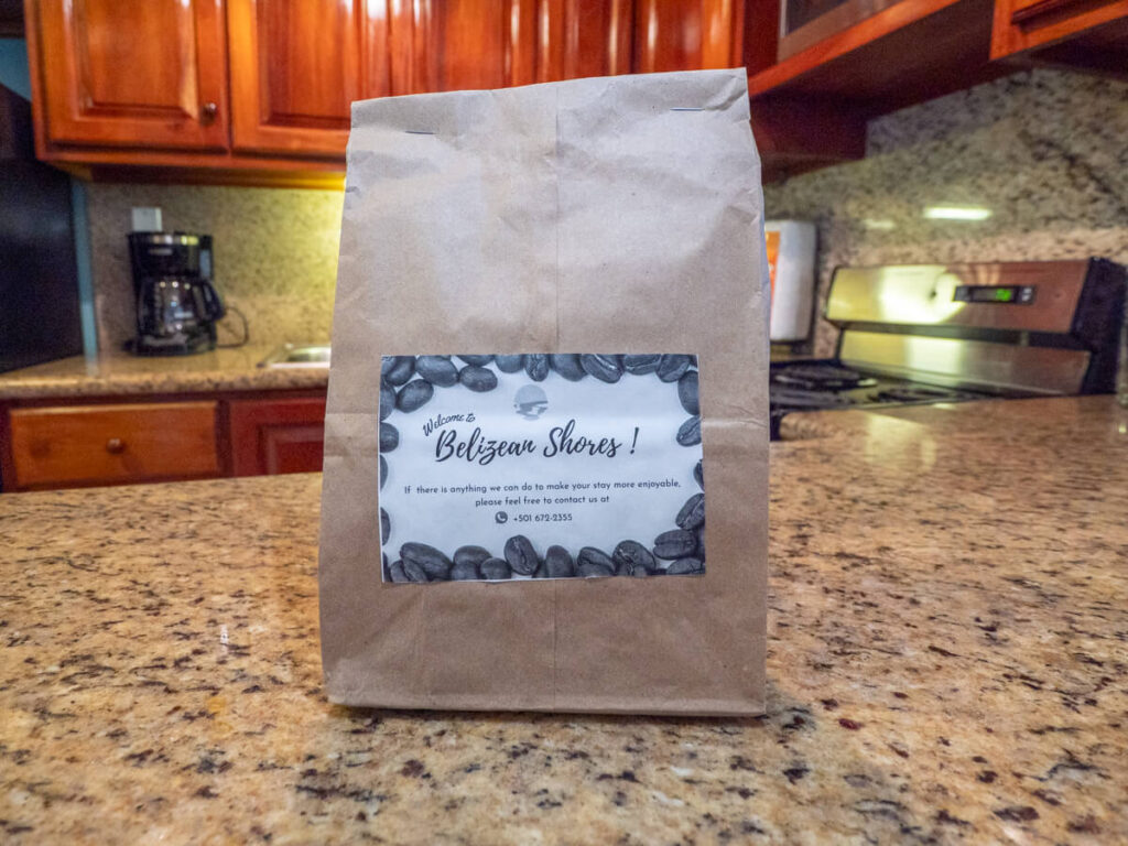 A bag of fresh coffee provided by Belizean Shores Resort, San Pedro.