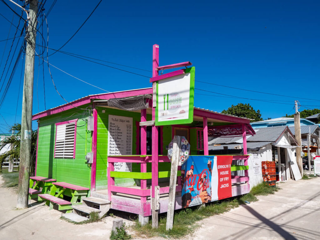 The colourfully-painted Errolyn's House of Fry Jacks, a local eatery very popular with tourists in Caye Caulker.