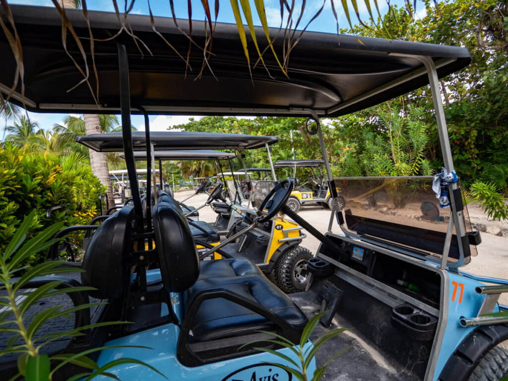 The interior of the golf carts available to rent at Belizean Shores Resort.