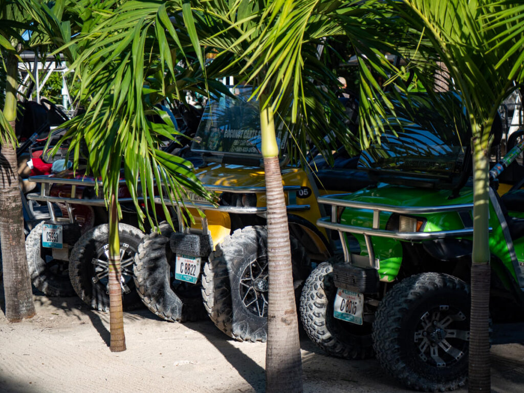 A row of different-coloured golf carts at Belizean Shores Resort, San Pedro.