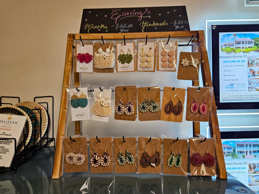 A selection of locally-made earrings available to buy at Belizean Shores Resort, San Pedro.