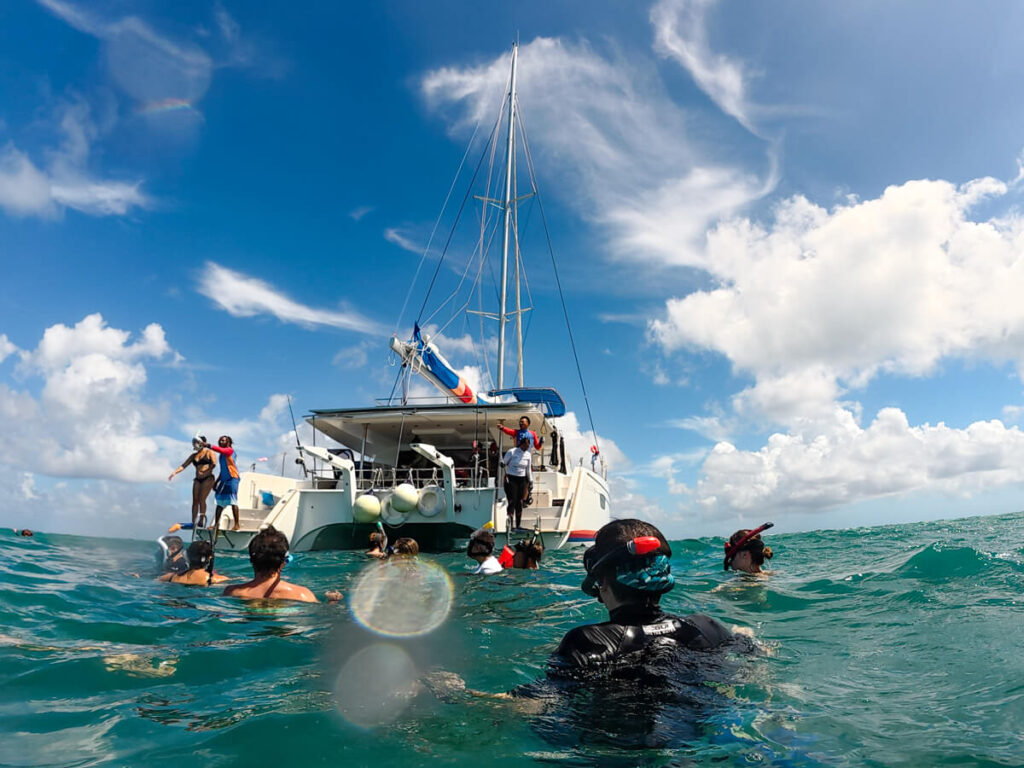 Floating at the surface, a few snorkellers take directions from the crew on board the Ragga Pheonix as they point out where the wildlife is from their vantage point.