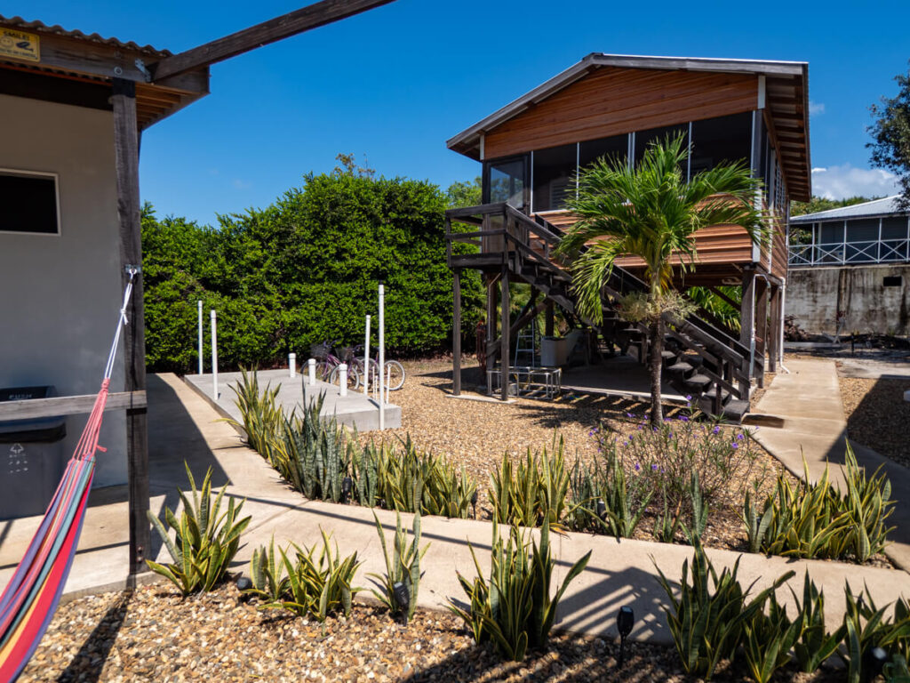 A self-contained cabana at Royal Rat Hostel, Placencia. The building is raised with a parking space underneath and surrounded by plants and trees.