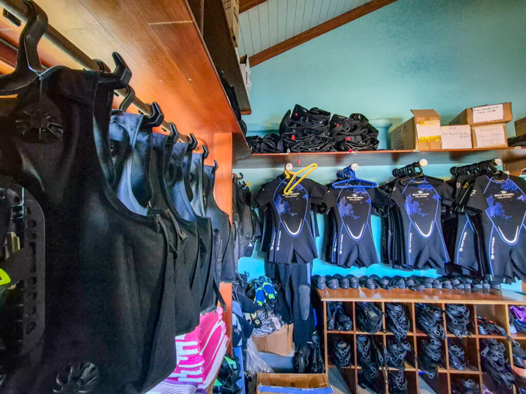 A room full of diving and snorkelling equipment available at Splash Dive Center, Belize.