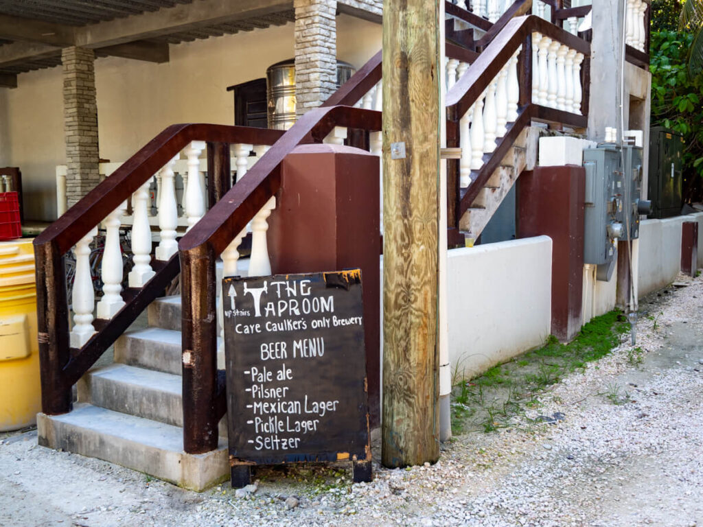 Steps leading up to the Tarpon Taproom, Caye Caulker's only brewery. They serve pale ales and a range of lagers.