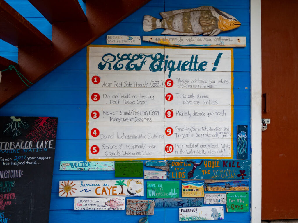 A sign explaining Reef Etiquette while snorkelling from Tobacco Caye.