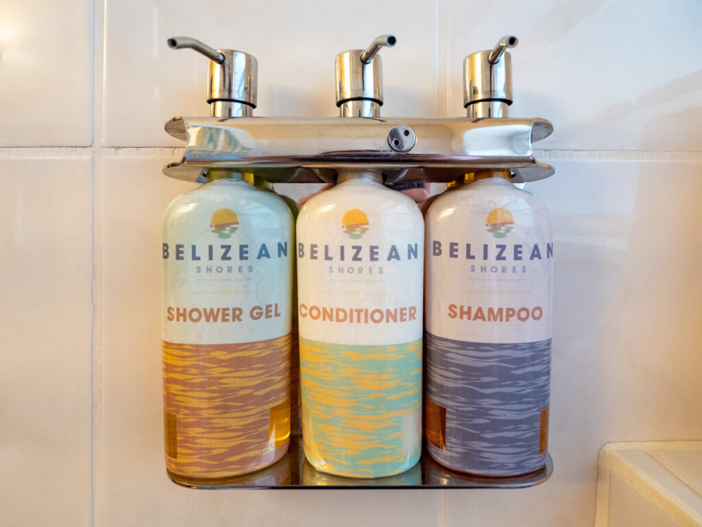 Refillable shower gel, conditioner and shampoo provided at Belizean Shores Resort, San Pedro.