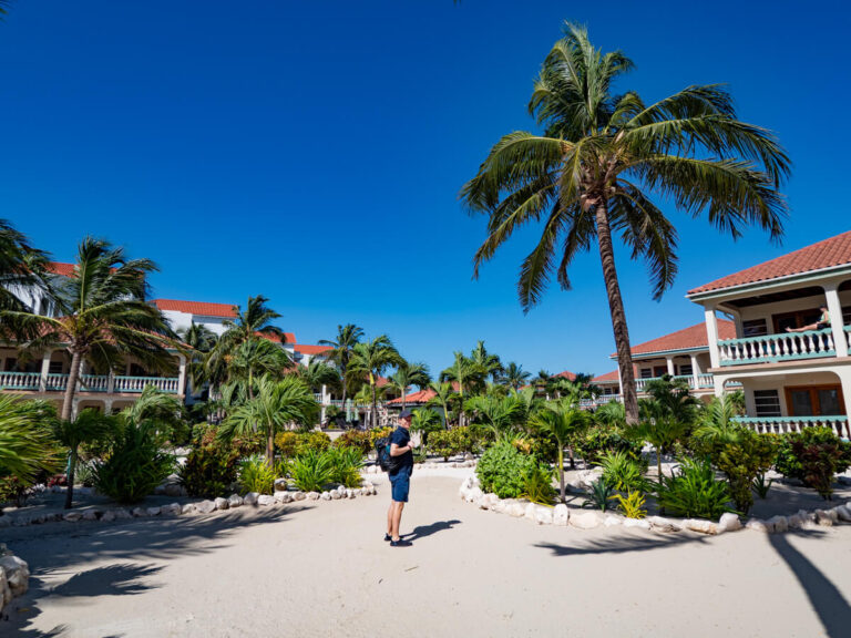 Dan walking through Belizean Shores Resort in the sunshine. There are palm trees and tropical bushes lining the outside walkways.