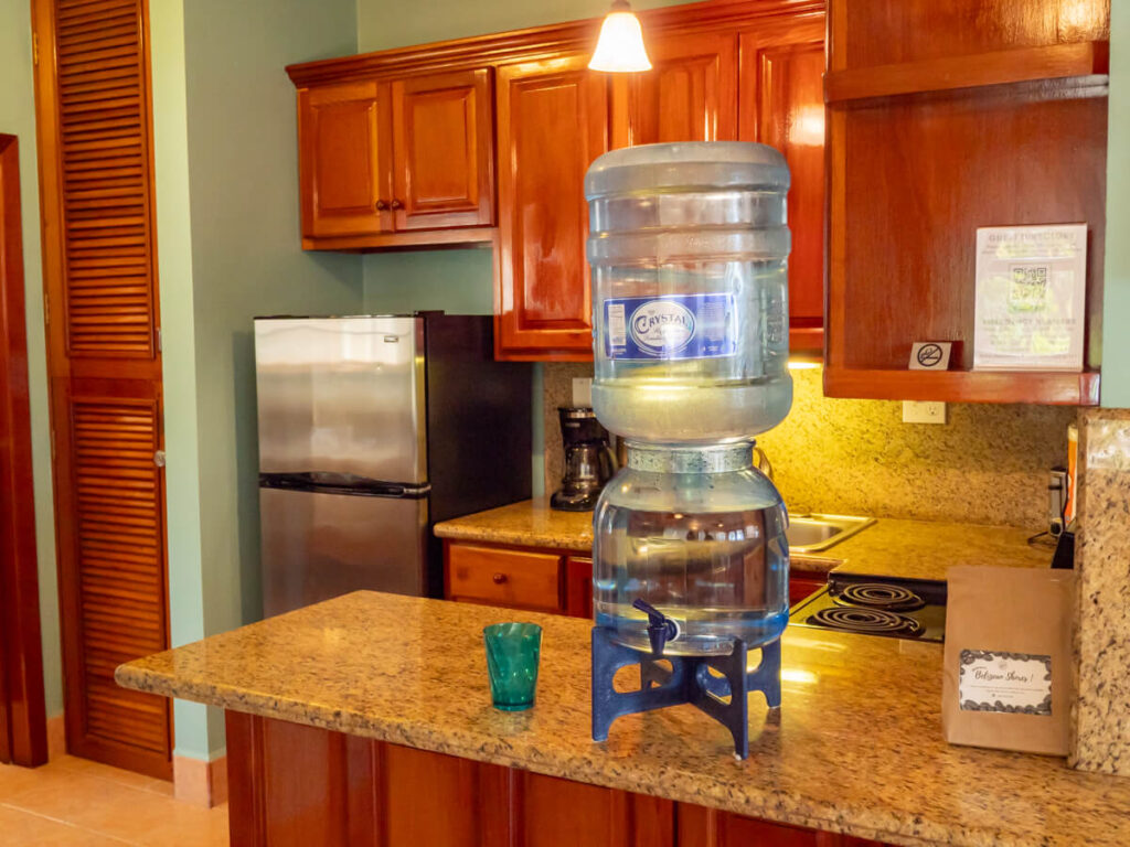 A fresh water dispenser in a suite at Belizean Shores Resort, San Pedro.