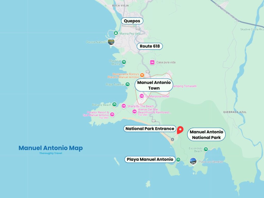 A map of Manuel Antonio, with a pin showing the entrance to the national park and labels for the national park, beach, town, Route 618, and Quepos.