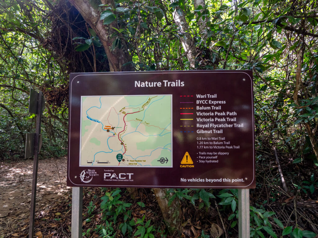 A map of nature trails in Cockscomb Basin Wildlife Sanctuary.