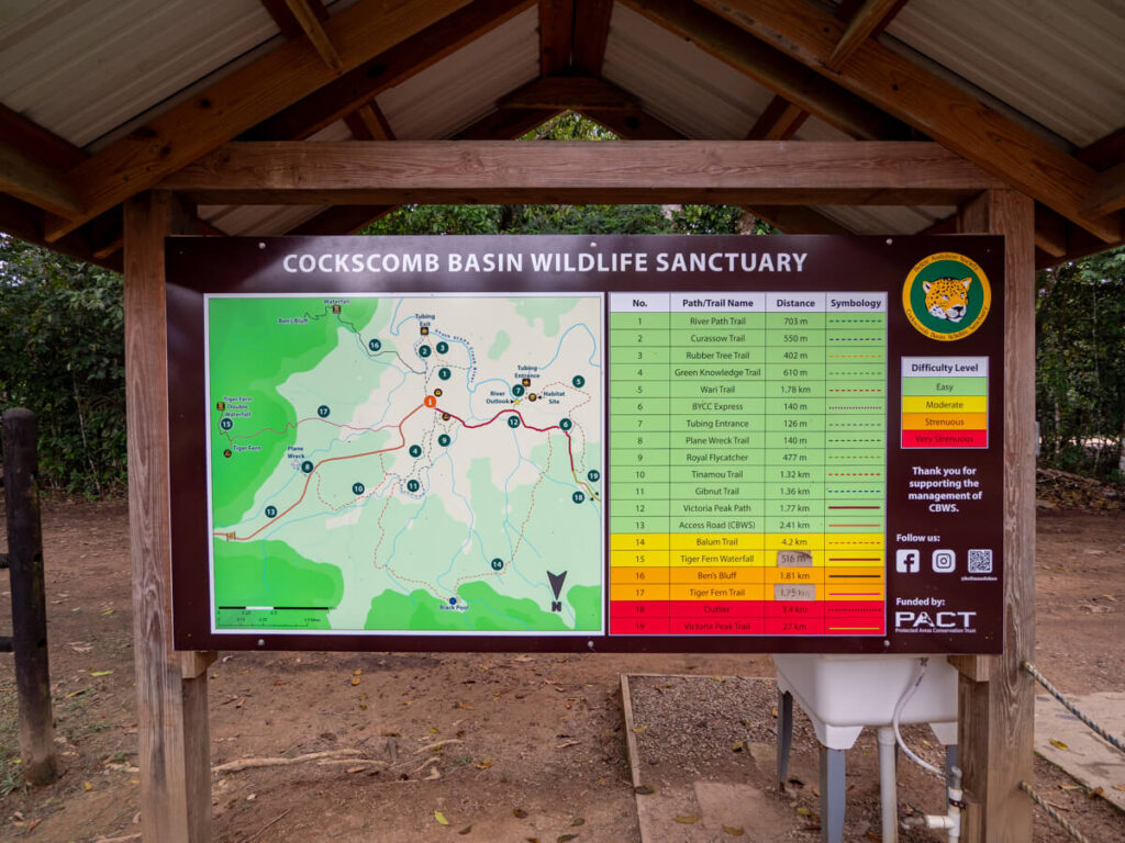 A map of hiking trails at Cockscomb Basin Wildlife Sanctuary, with levels of difficulty colour coded along the side.