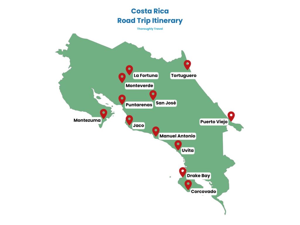 A map of an outline of Costa Rica with pins showing top road trip destinations, like San Jose, La Fortuna, Monteverde, Montezuma, Manuel Antonio, Puntarenas, Jaco, Dominical, Uvita, Corcovado, Tortuguero, and Puerto Viejo.