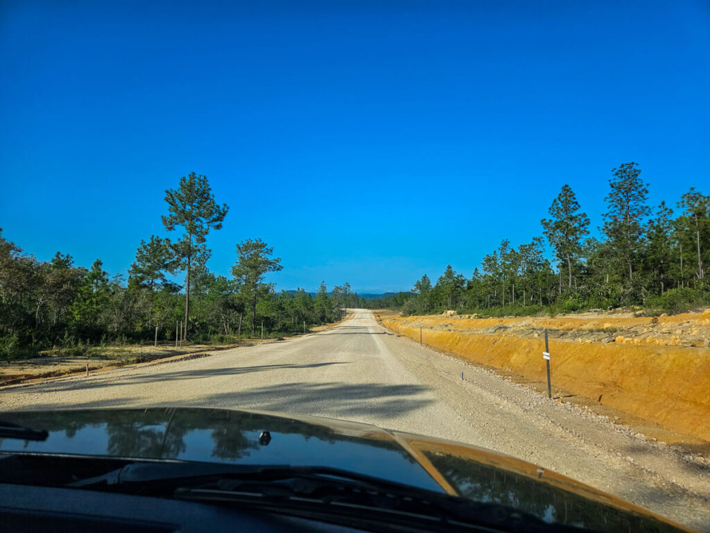A gravel road running trough the savannah at Mountain Pine Ridge Forest Reserve, viewed through the windscreen of a car.