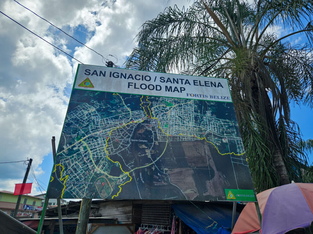 A large flood map of San Ignacio and Santa Elena.