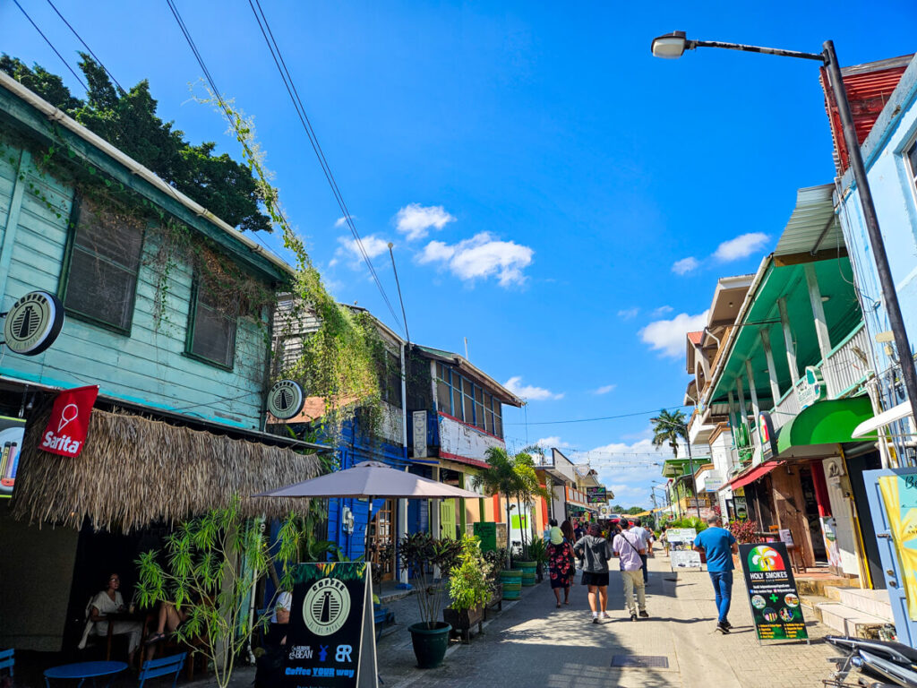Colourful shops lining Burns Avenue in the heart of San Ignacio, Belize.