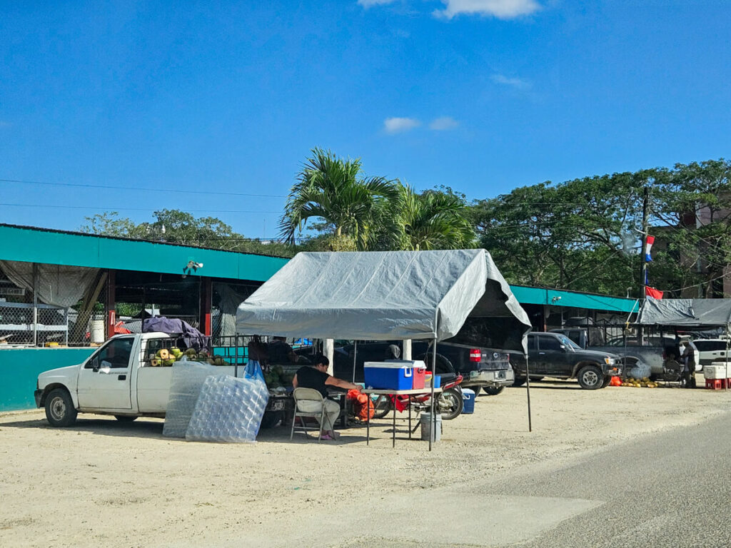 Stalls selling clothing in San Ignacio Market.