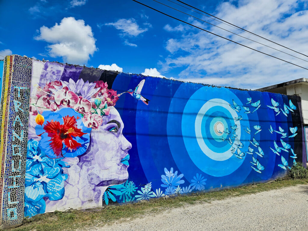 A colourful mural of a woman on a wall in San Ignacio.