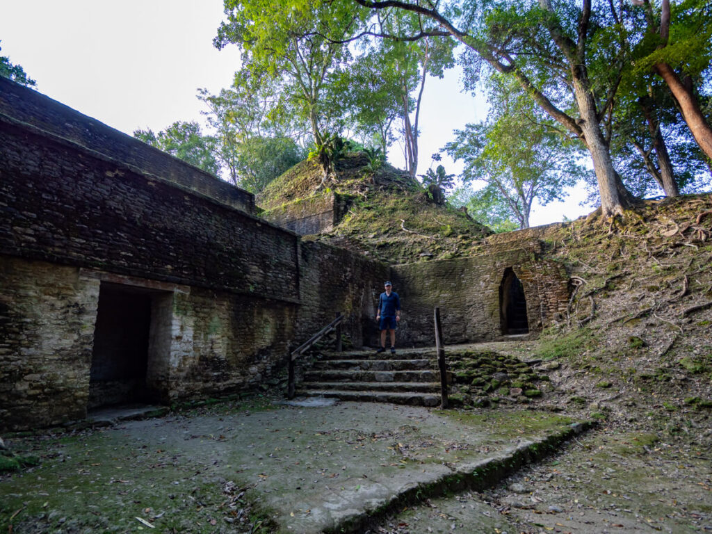 Dan standing in a small courtyard in Cahal Pech, overgrown with trees and moss.