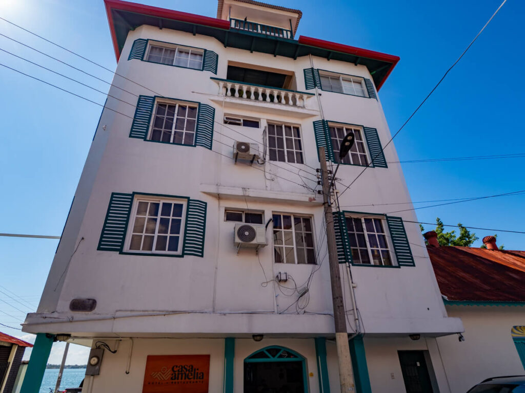 A tall hotel in Flores, Guatemala.