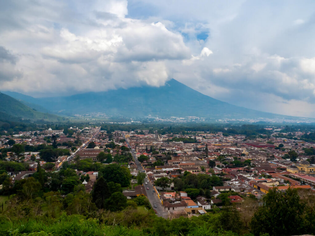 The colonial streets of Antigua below the Agua Volcano, taken from the Cerro de la Cruz viewpoint.