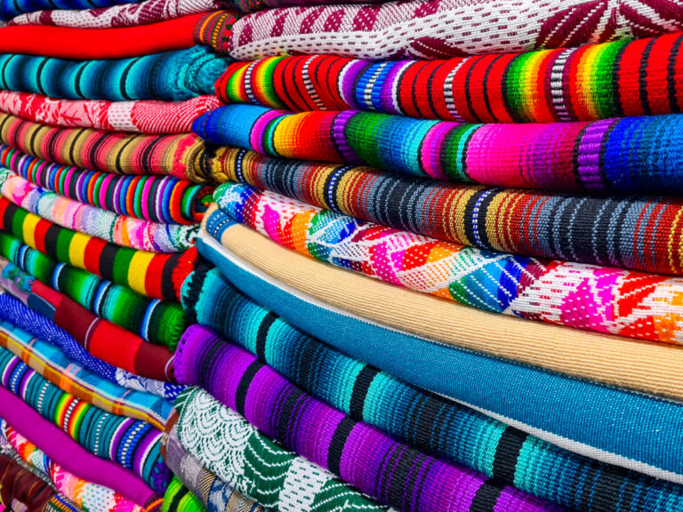 A close up of the incredibly colourful fabrics in a shop in Antigua, Guatemala.