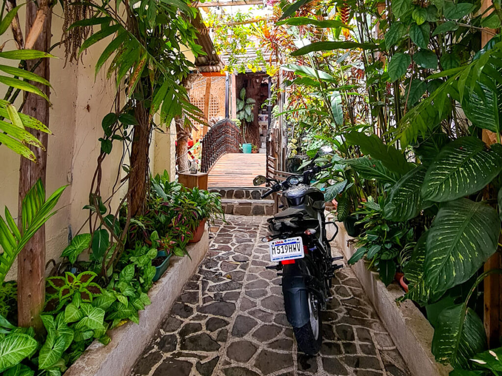 A leafy, cobbled walkway into a hotel on Lake Atitlán, Guatemala.
