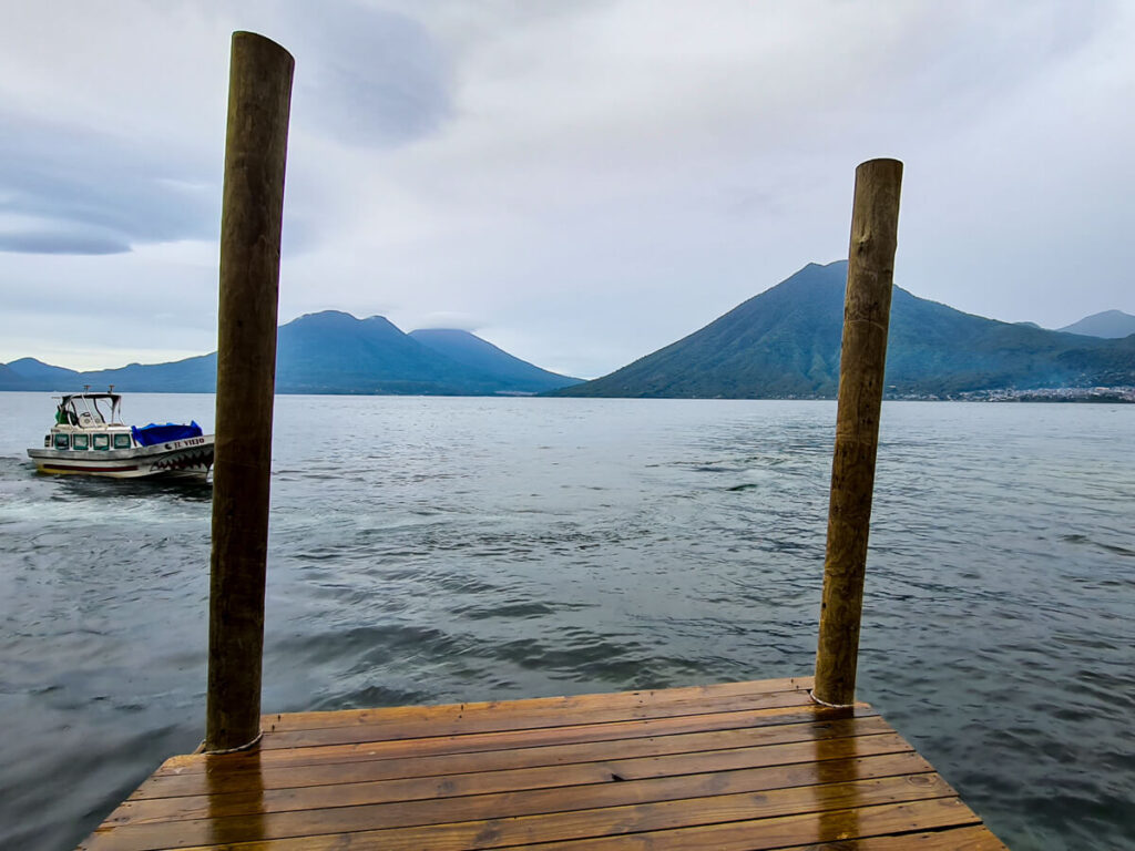 A lancha (boat) approaching the doc in San Marcos La Laguna, looking out into Lake Atitlán.