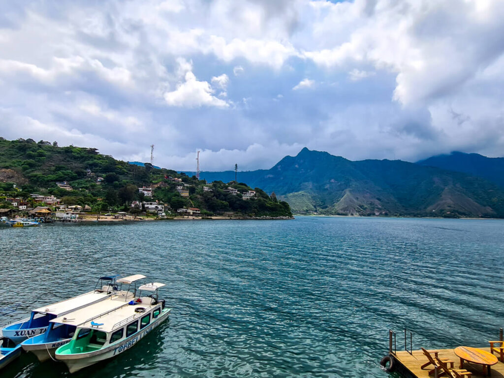 A view of lanchas moored on Lake Atitlán from a bar in San Pedro La Laguna's waterfront strip.