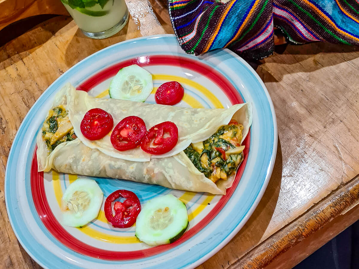 An omelette in a tortilla in the vegetarian restaurant at Eco-Hotel Mayachik´ in San Juan La Laguna, Lake Atitlán.