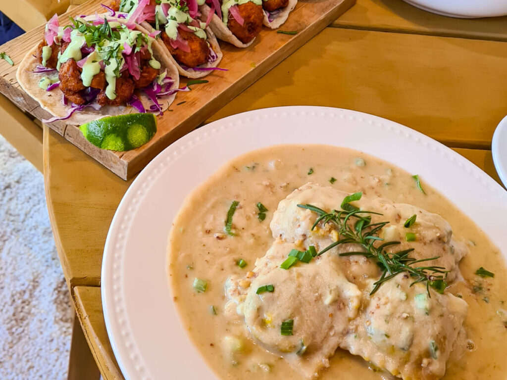 Cauliflower tacos and creamy ravioli in Once Once, one of the best vegan restaurants in Antigua, Guatemala.