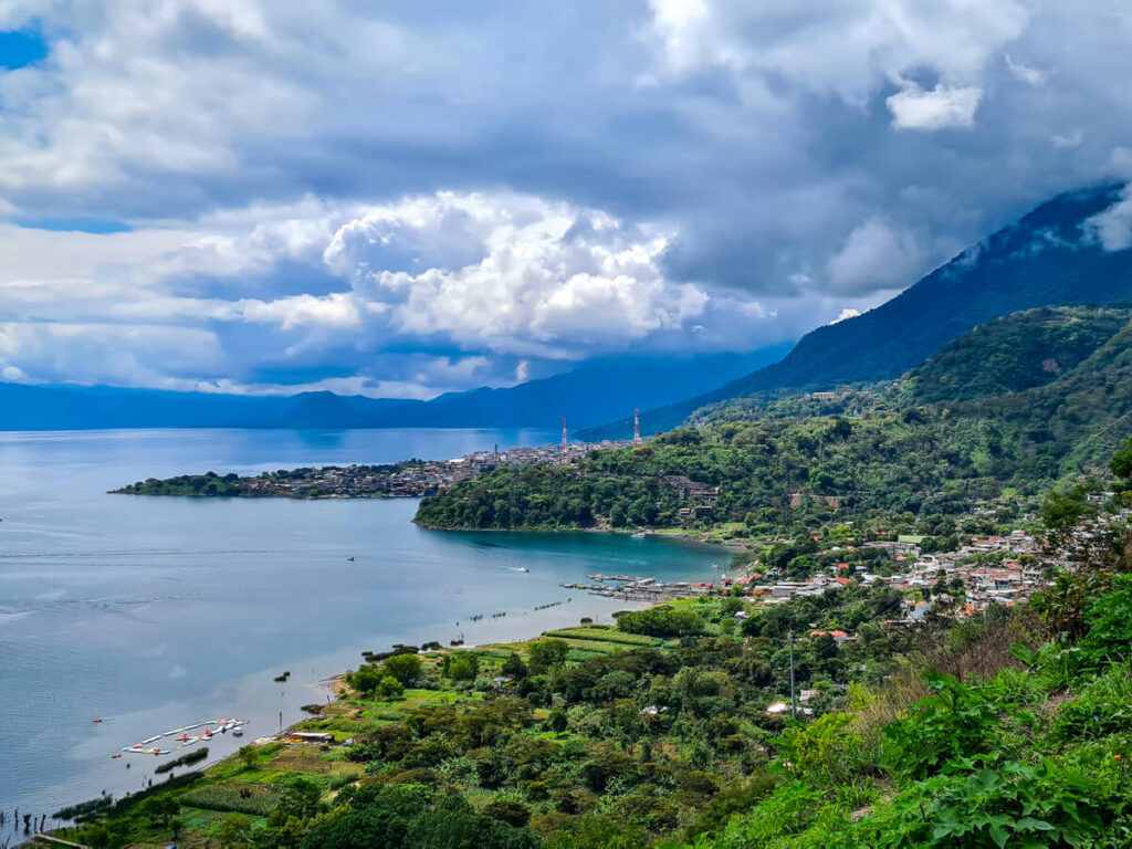 A view of towns scattered along the shore of Lake Atitlán, Guatemala.