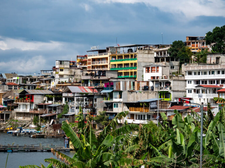 Houses built into the hillside at San Pedro La Laguna, one of the top towns to visit on Lake Atitlán, Guatemala.