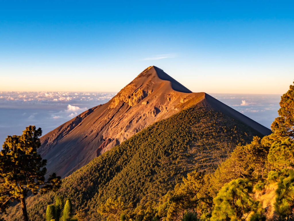 The impressive Fuego volcano, high above the clouds, made golden by the early morning light.