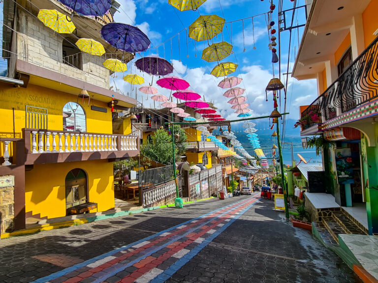 The colourful Street of Umbrellas in San Juan La Laguna, Lake Atitlán.