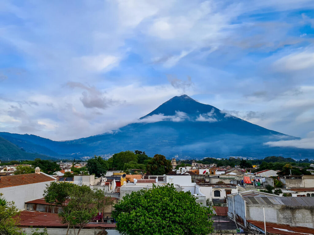 A view of Agua Volcano like that from Antigua Cerveza: El Bosque.