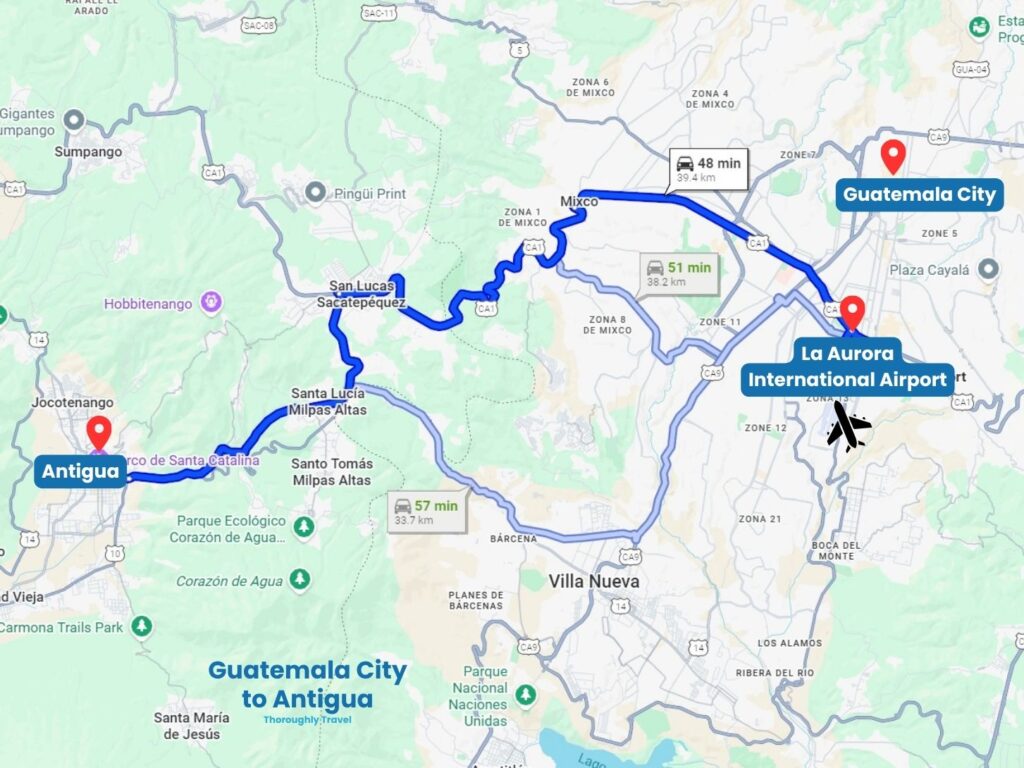 A map of Antigua showing the route from Guatemala City.