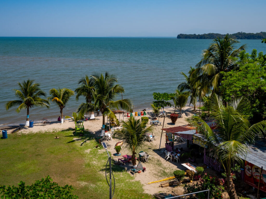 A public beach on the Caribbean Sea in Livingston, Guatemala.