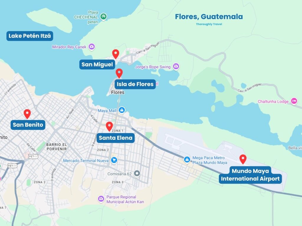 A map of Flores, Guatemala, with labels for key highlights like the districts in Santa Elena, Mundo Maya Airport, and Isla de Flores.