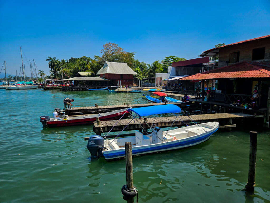 Lanchas (boats) docked in Río Dulce, Guatemala.