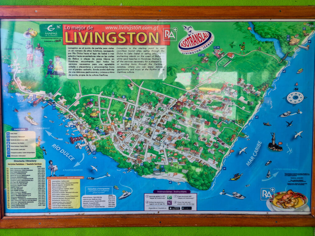 A map of tourist attractions in Livingston, Guatemala.