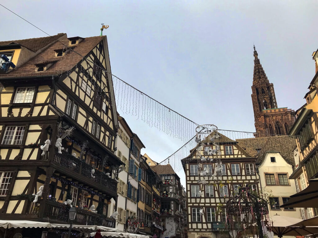 Impressive medieval buildings with wooden beams in Strasbourg.