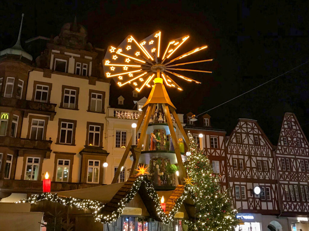 A colourful Christmas Pyramid at the Christmas Markets in Trier.