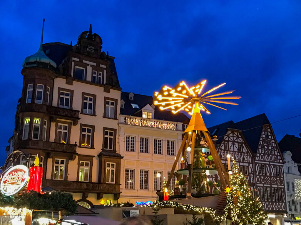 A traditional Christmas Pyramid in a square in Trier, Germany.
