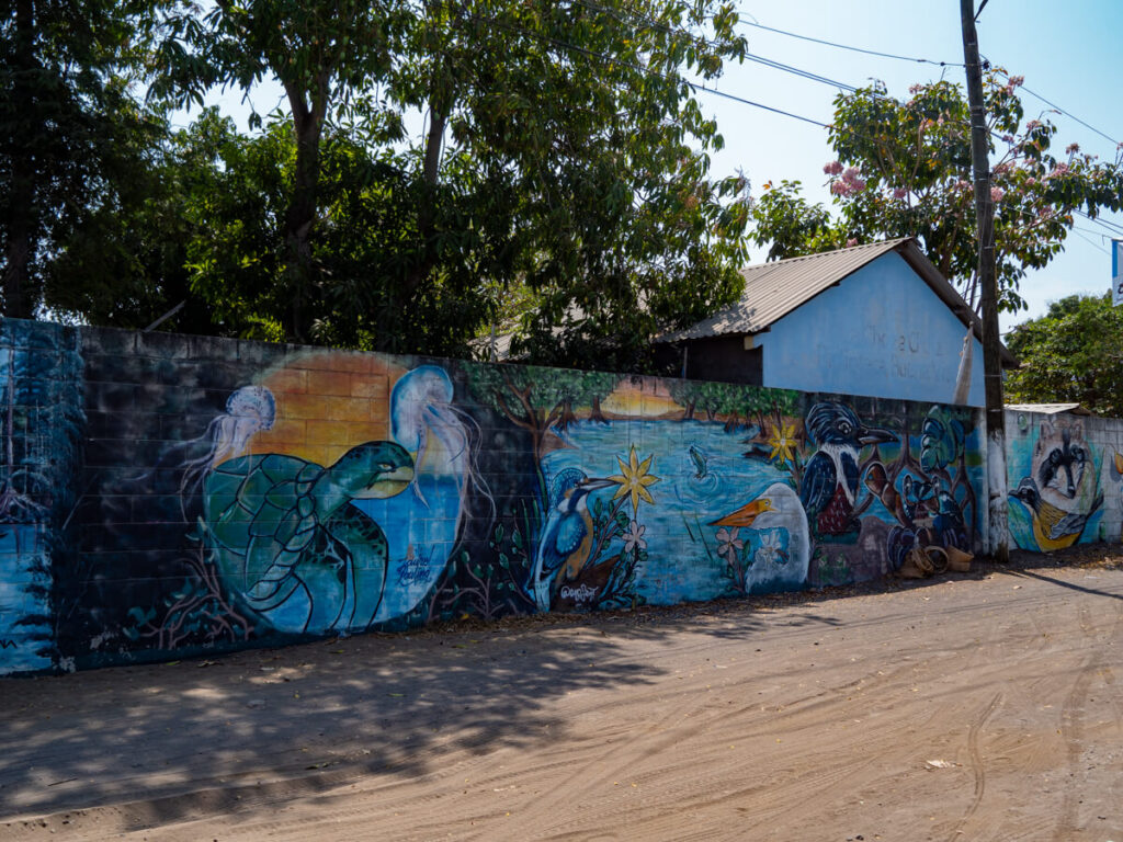 A wall covered in colourful street art of animals like turtles on a sandy street in El Paredón, Guatemala.