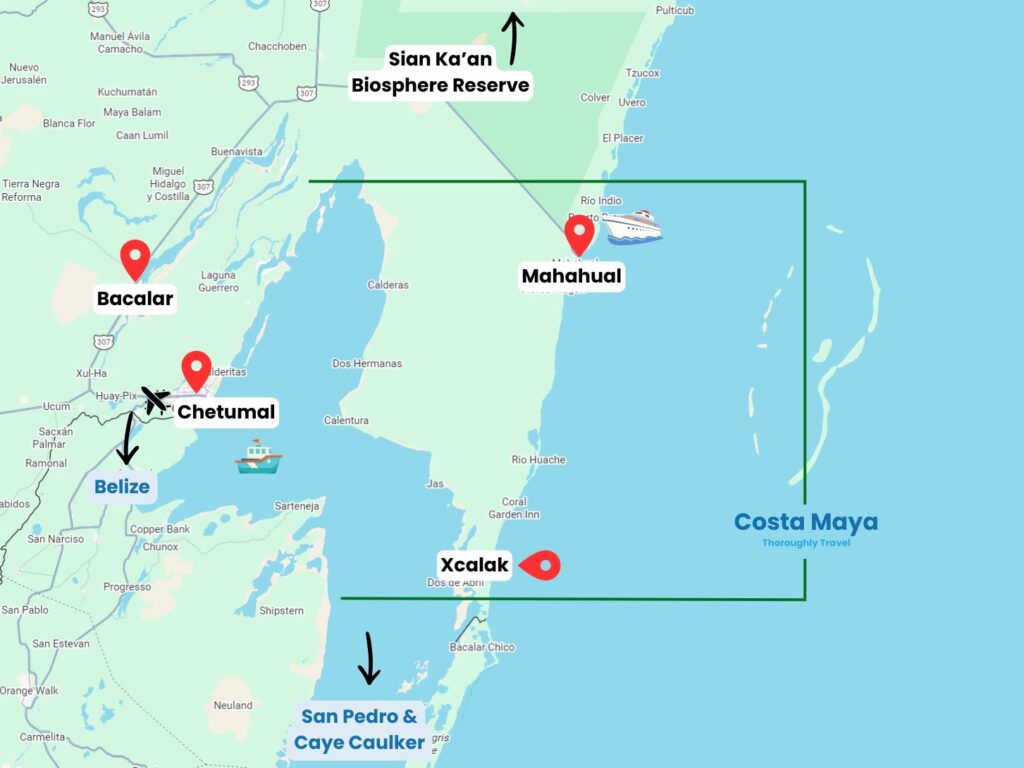 A map of Mexico's Costa Maya with pins highlighting the locations of Bacalar, Mahahual, Xcalak, Chetumal, and the border crossing into Belize.