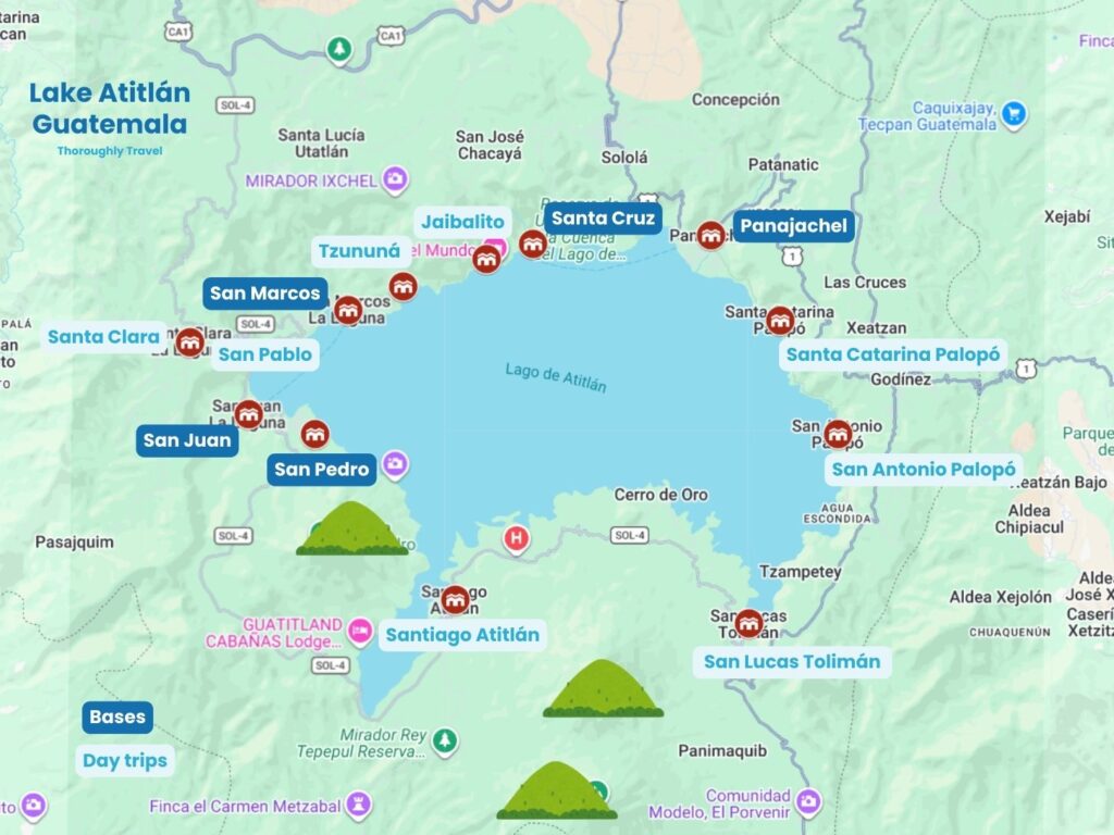 A map of Lake Atitlán, with pins highlighting the towns of Panajachel, San Pedro La Laguna, San Juan La Laguna, San Marcos La Laguna, Santa Cruz La Laguna, Jaibalito, Santiago Atitlán, Tzununá, Santa Catarina Palopó, San Antonio Palopó, San Lucas Tolimán, Santa Clara La Laguna, and San Pablo La Laguna, as well as the three volcanoes.