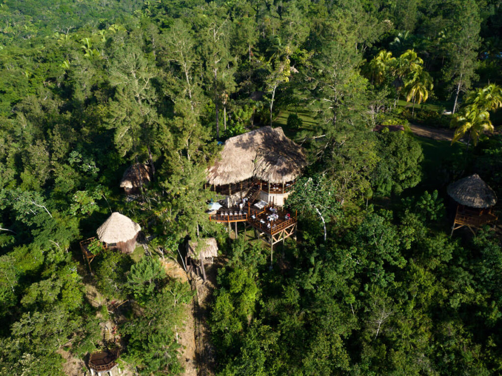 An aerial view of the luxurious Gaia Riverlodge surrounded by the jungle in Belize.